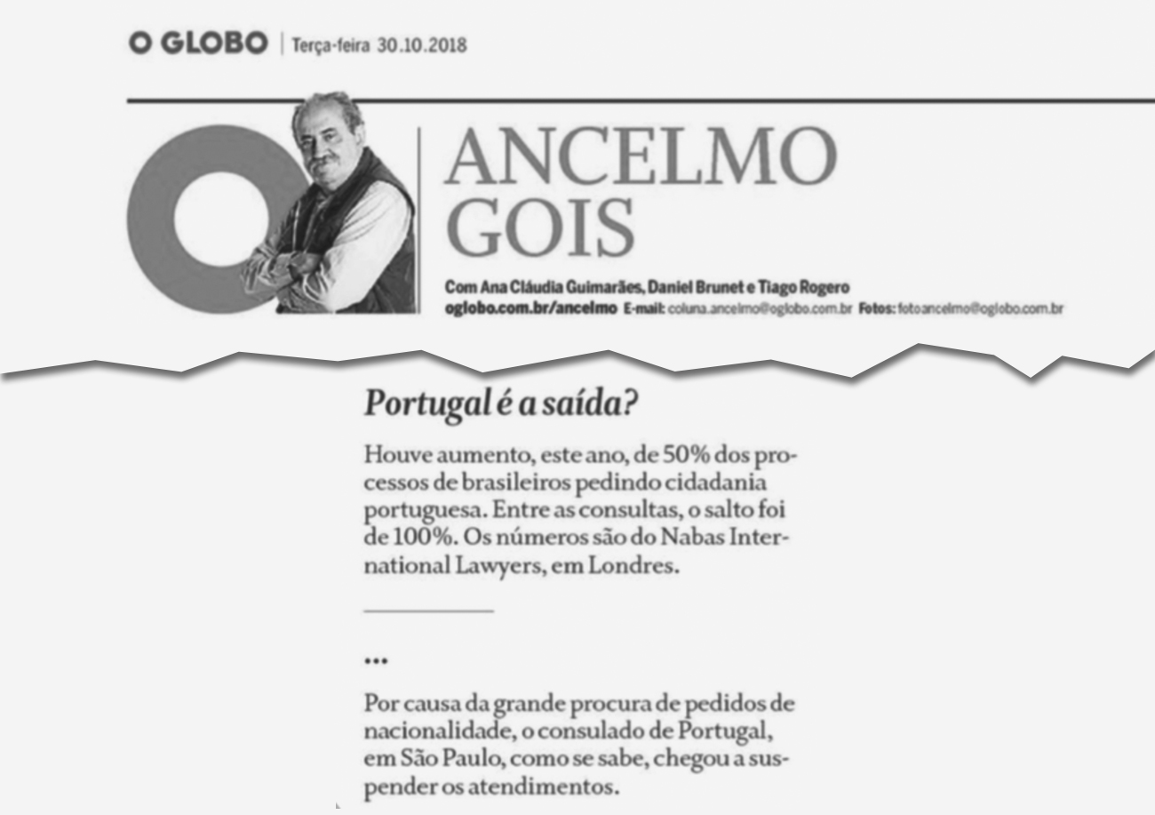 Vitória Nabas fala à coluna de Ancelmo Gois, O Globo, sobre corrida dos brasileiros por passaporte português.