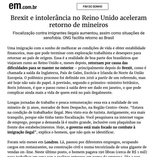Estado de Minas cita a Casa do Brasil em reportagem sobre retorno voluntário.
