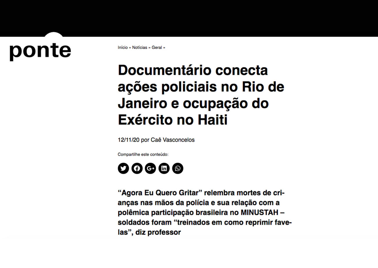 Reportagem sobre o filme Agira Eu Quero Gritar no portal Ponte Jornalismo.