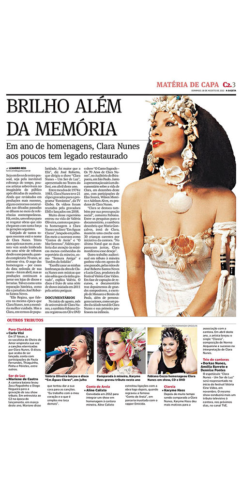 Matéria de capa no jornal A Gazeta com cantoras comparadas a Clara Nunes.