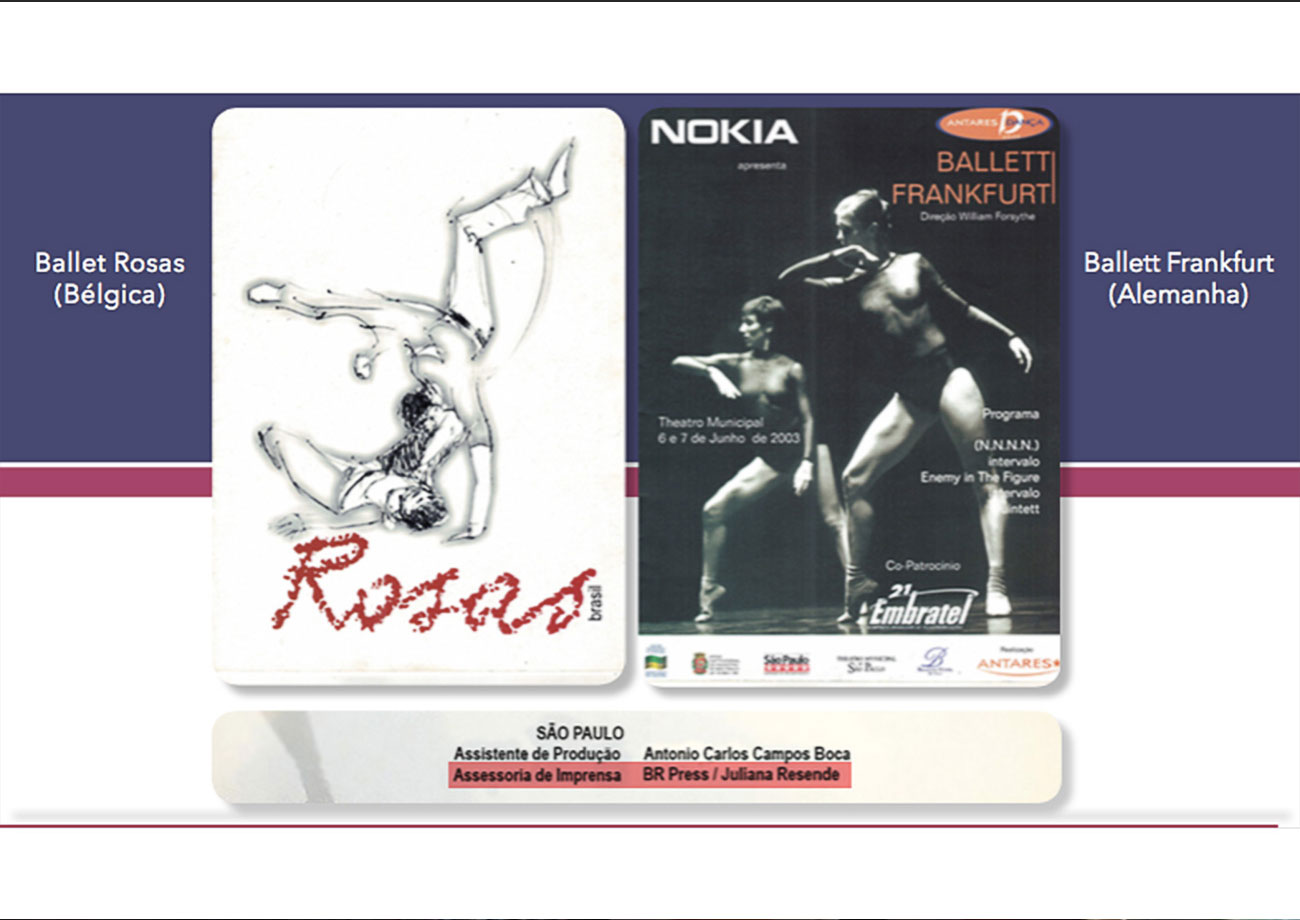 Programas dos espetáculos do Ballet Rosas (esq.) e Ballett Frankfurt (dir.) no Brasil.