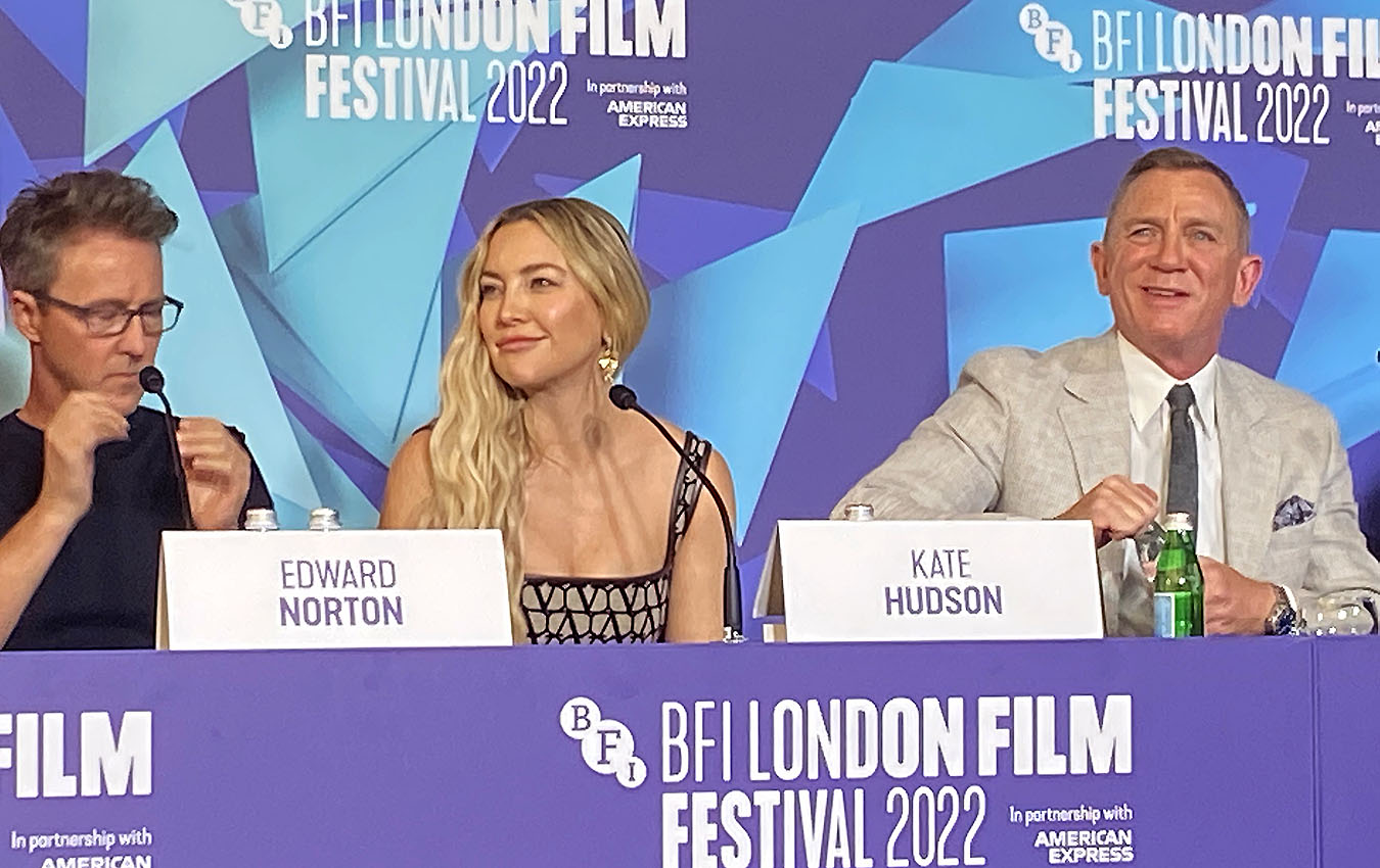 Edward Norton, Kate Hudson e Daniel Craig na coletiva de Glass Onion, no London Film Festival. Foto: Juliana Resende/brpress